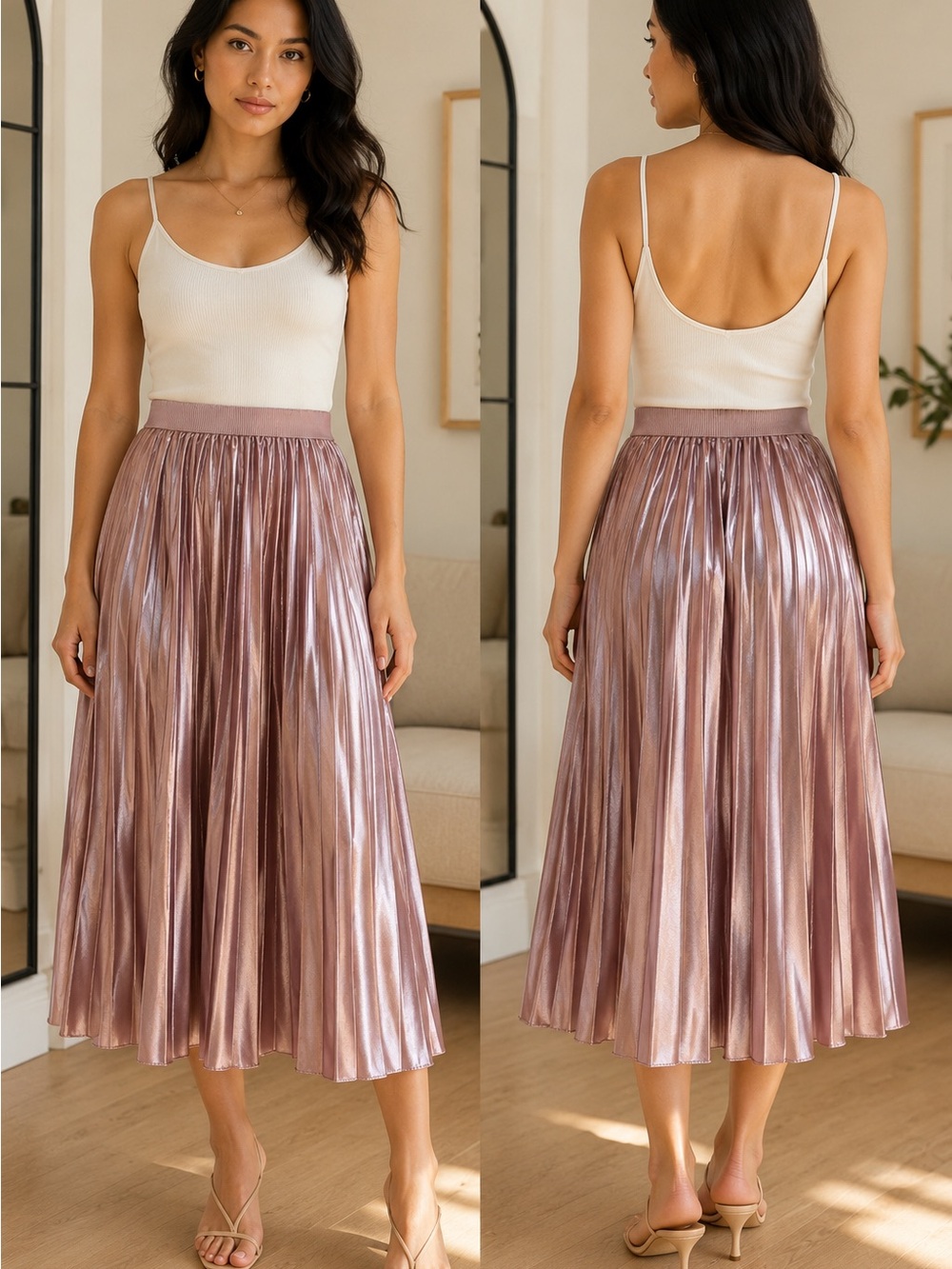 Metallic Rose Pleated Midi Skirt - Women